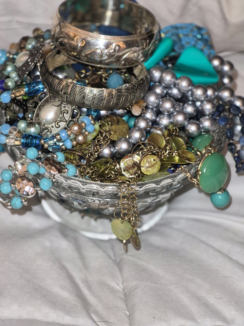 Gorgeous statement jewelry in a vintage pressed-glass compote bowl